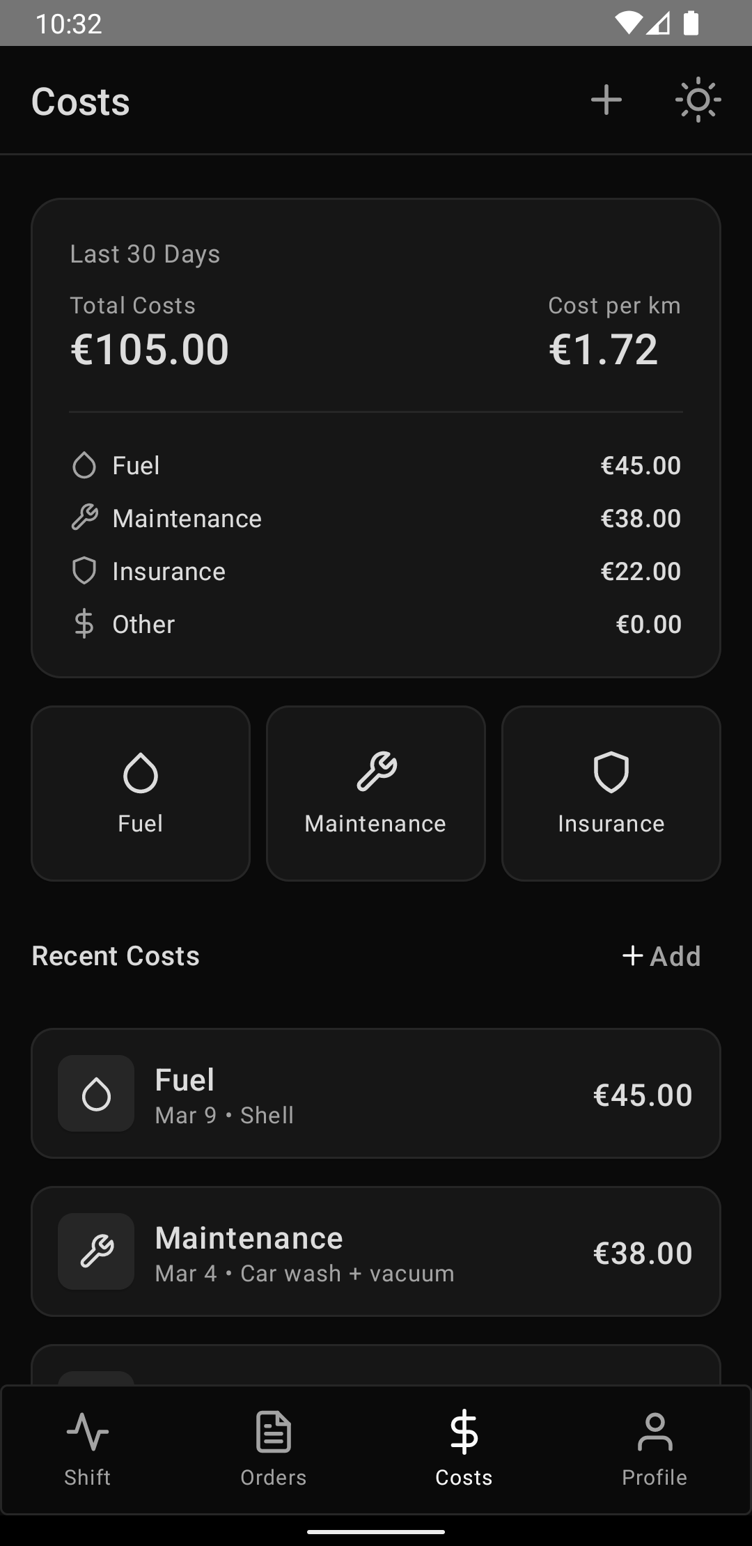 EffiCab mobile costs screen