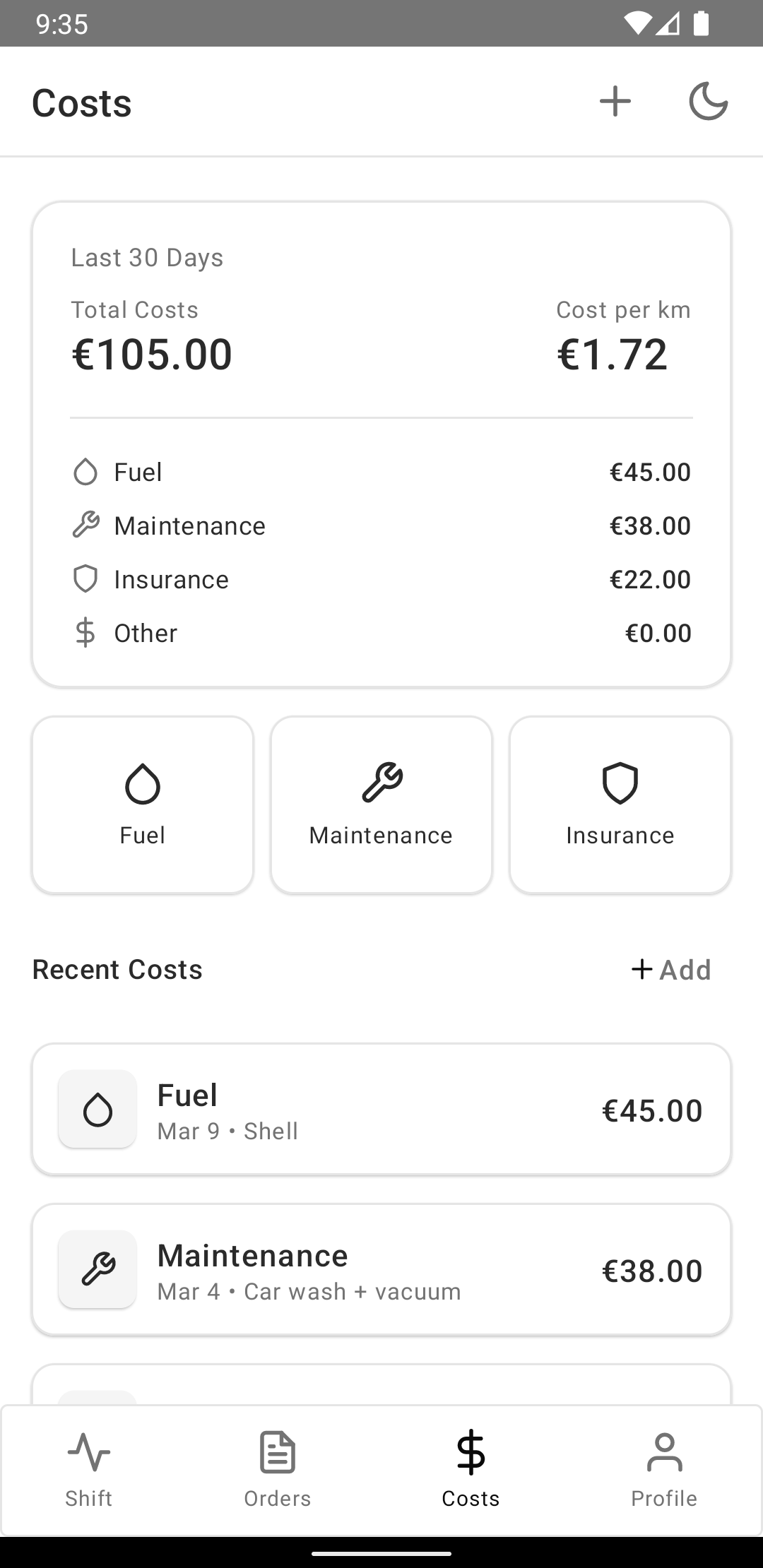 EffiCab mobile costs screen