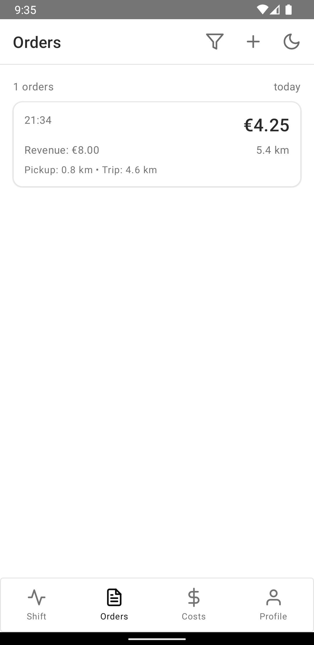 EffiCab mobile orders screen
