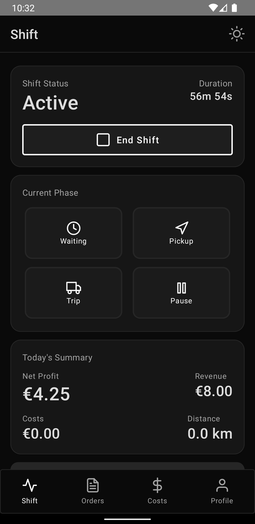 EffiCab mobile shift screen